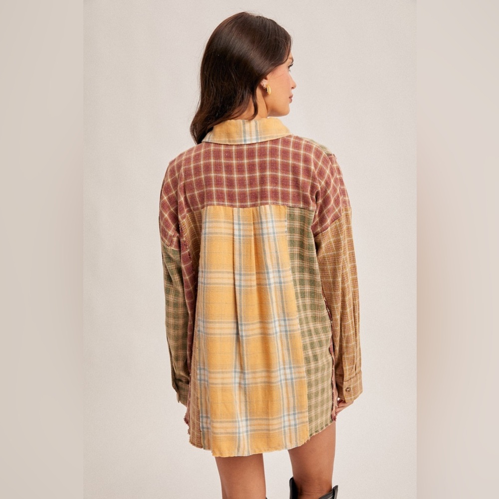 EASEL Los Angeles Snow Wash Mixed Plaid Patchwork Boho Button Down Shirt Size L - Picture 2 of 11